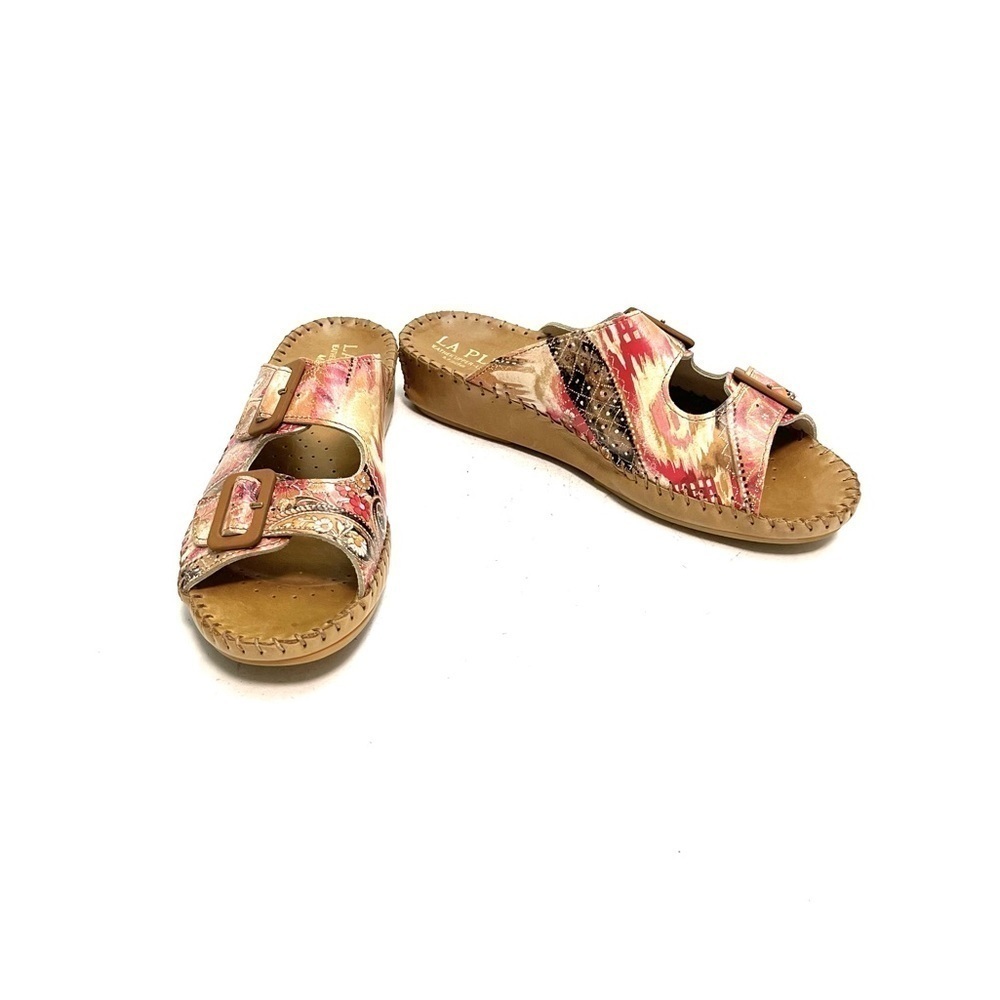 Vintage Y2K deadstock brown leather pink printed buckle wedge walking sandals - Picture 4 of 8